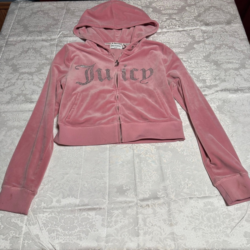 Women's Juicy Couture Pink Velour Rhinestone Zip-Up Hoodie L #122